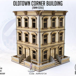 Oldtown Corner Building, a unpainted 28mm scale MDF building.