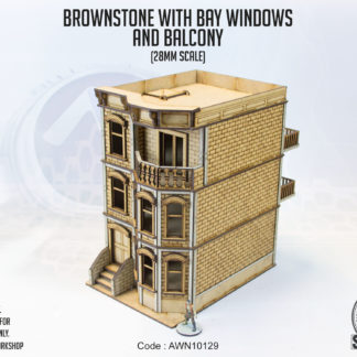 The Brownstone House with Bay Windows and a Balcony. An unpainted 28mm scale MDF building.