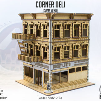 Corner Deli. An unpainted 28mm scale MDF building.
