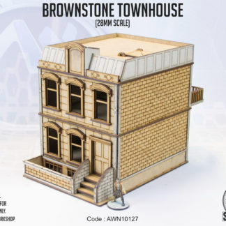 Brownstone Townhouse. A unpainted 28mm scale building with a fancy roof.