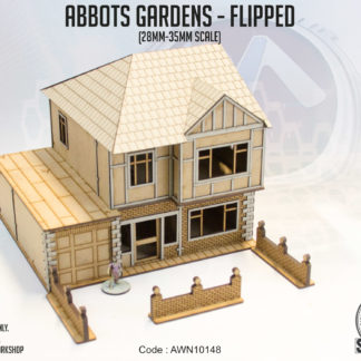 Abbots Gardens - Flipped. A 28-35mm scale unpainted MDF building, designed as a semi-detatched British house. A horizontally flipped version of the Abbots Gardens.