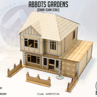 Abbots Gardens. A 28-35mm scale unpainted MDF building, designed as a semi-detatched British house.