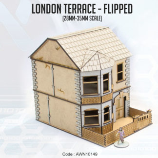 London Terrace - Flipped - A 28mm-35mm scale unpainted MDF building, designed as older British terraced house. A horizontally flipped version of the London Terrace.