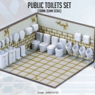 Public Toilets Set - A set of 28mm scale toilets, sinks, hand-driers, urinals, bins and soap dispensers to be used as scatter and detailing in a modern, zombie apocalypse or near future setting. Made of unpainted resin.